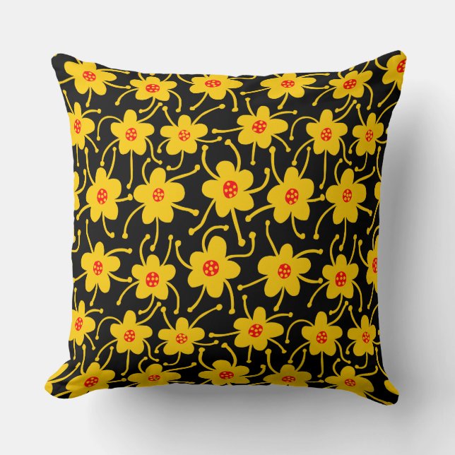 Coussin Fleurs concurrentes - orange et rouge sur noir (Recto)
