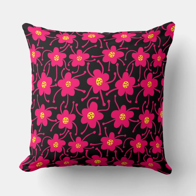 Coussin Fleurs concurrentes - Rouge néon et jaune sur noir (Recto)