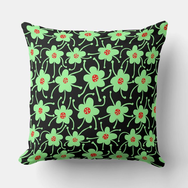 Coussin Fleurs concurrentes - Vert menthe et rouge sur fon (Recto)