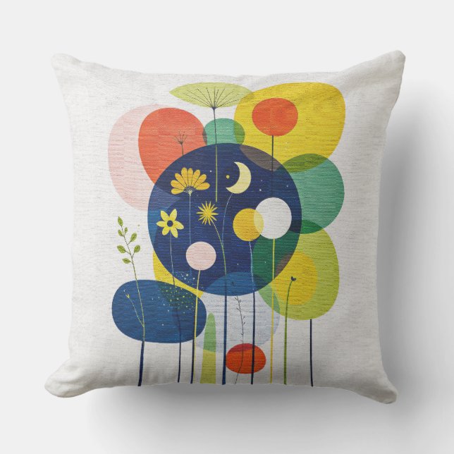 Coussin Fleurs Cosmiques Abstrait Bohème Milieu de Siècle  (Recto)