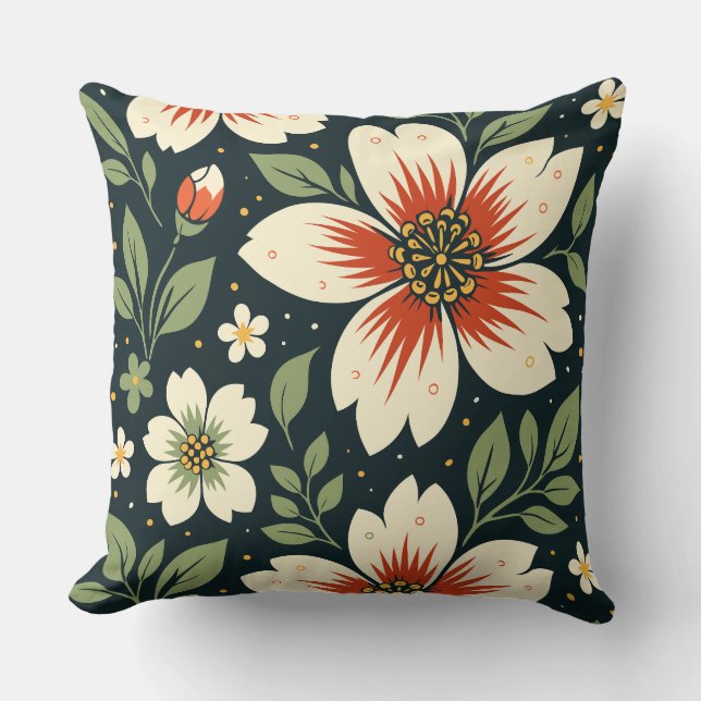 Coussin Fleurs crème avec centres rouges et feuilles verte (Recto)