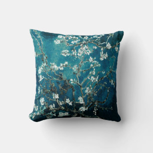 Coussin Fleurs d'amandier de Van Gogh sarcelle foncée