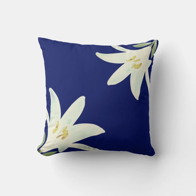 Coussin Fleurs d'Amaryllis blanches sur fond bleu marine (Recto)