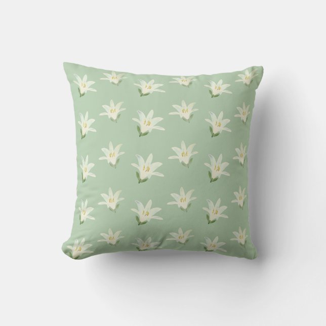 Coussin Fleurs d'Amaryllis blanches sur fond vert clair (Recto)