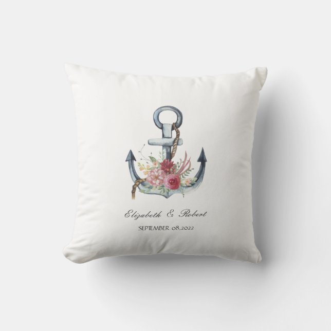 Coussin Fleurs d'ancre à l'aquarelle Nautique   (Recto)