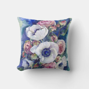 Coussin Fleurs d'aquarelle anémone roses d'illustration fl