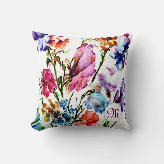 Coussin Fleurs d'aquarelle avec monogramme (Recto)