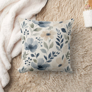 Coussin Fleurs d'aquarelle élégantes Floral Bleu Crème