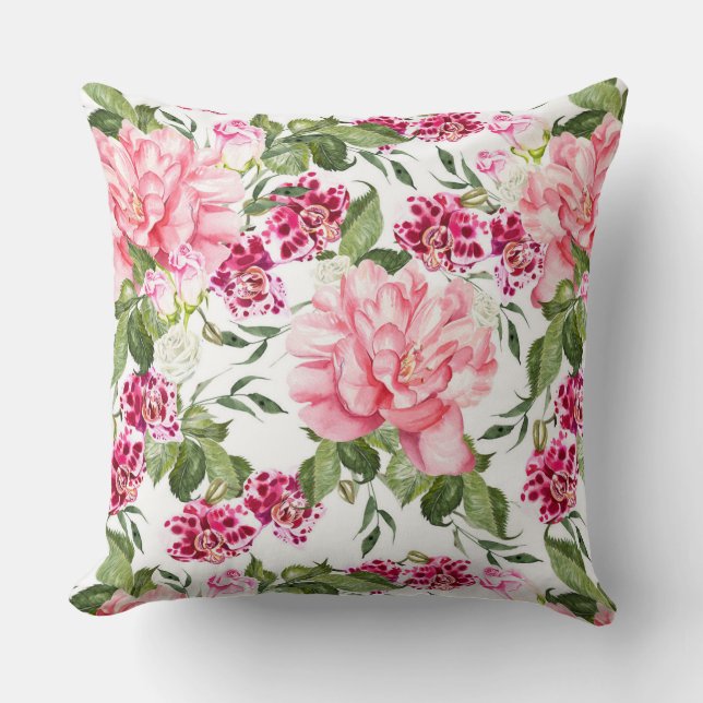Coussin Fleurs d'aquarelle florale Orchidées de pivoines R (Recto)