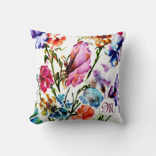 Coussin Fleurs d'aquarelle géantes avec monogramme