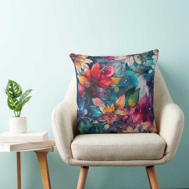 Coussin Fleurs d'aquarelle orange Turquoise en gras (Chaise)