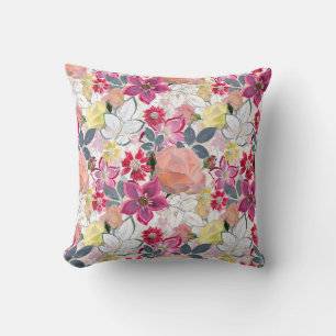 Coussin Fleurs d'aquarelle rose et rouge.