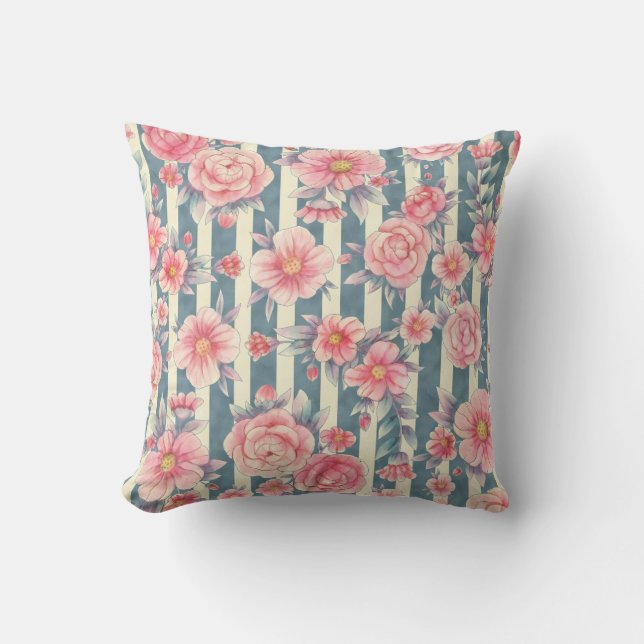 Coussin Fleurs d'aquarelle rose sur bandes (Recto)