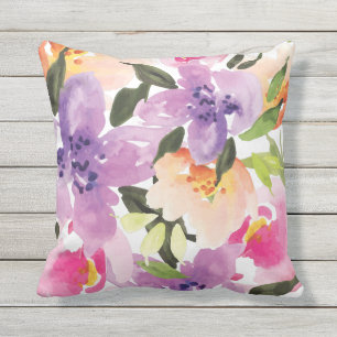 Coussin Fleurs d'aquarelle violette et saumon rose