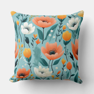 Coussin Fleurs d'art colorées-aqua, blanc, pêche, jaune,