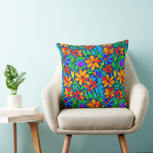 Coussin Fleurs d'art populaire colorées vives