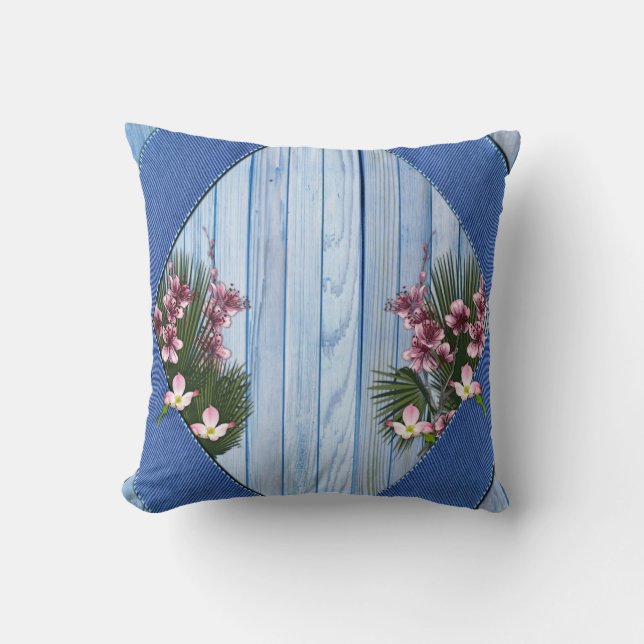 Coussin Fleurs d'arty roses sur la texture Bleu-bois-Tissu (Recto)