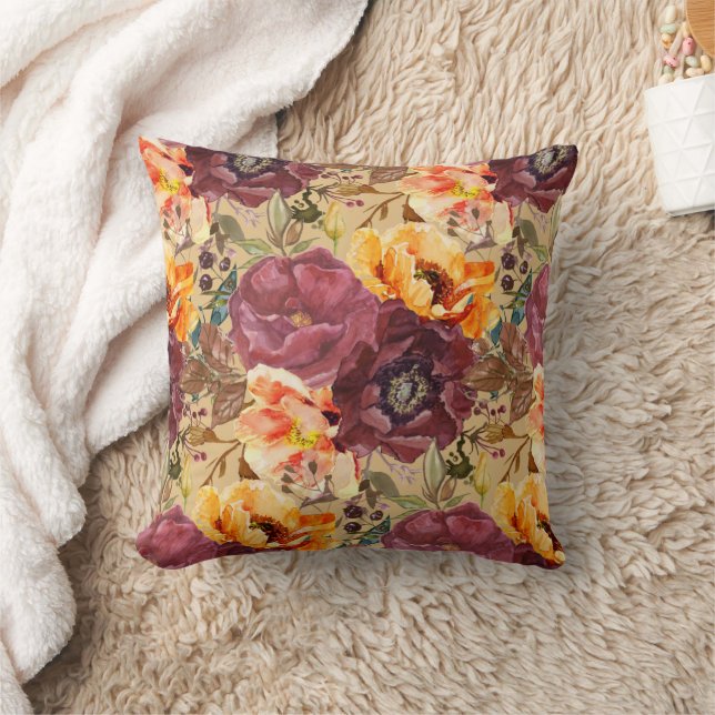 Coussin Fleurs d'automne élégantes bordeaux orange (Couverture)