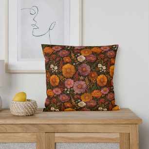 Coussin Fleurs d'automne en orange brûlé et rouge