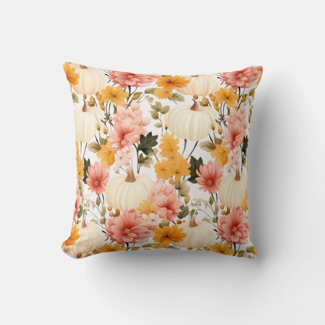 Coussin Fleurs d'automne et design citrouille (Recto)