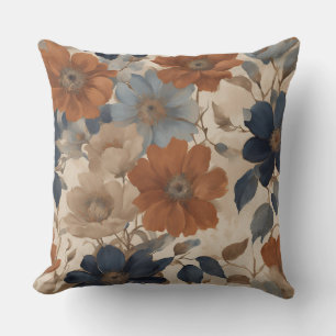 Coussin Fleurs d'automne orange beige bleu marine chaud