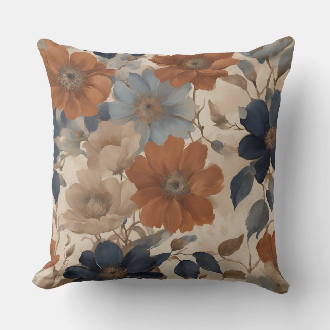 Coussin Fleurs d'automne orange beige bleu marine chaud (Recto)