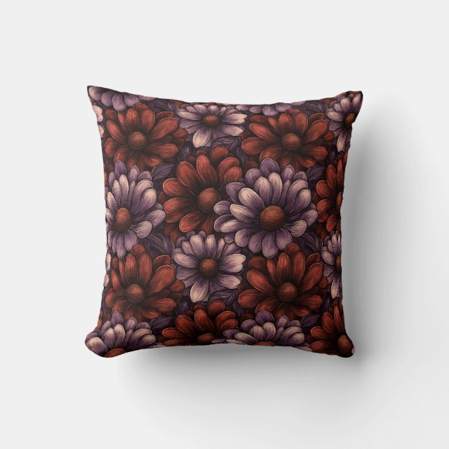 Coussin Fleurs d'automne orange brûlé et prune - Élégant (Recto)