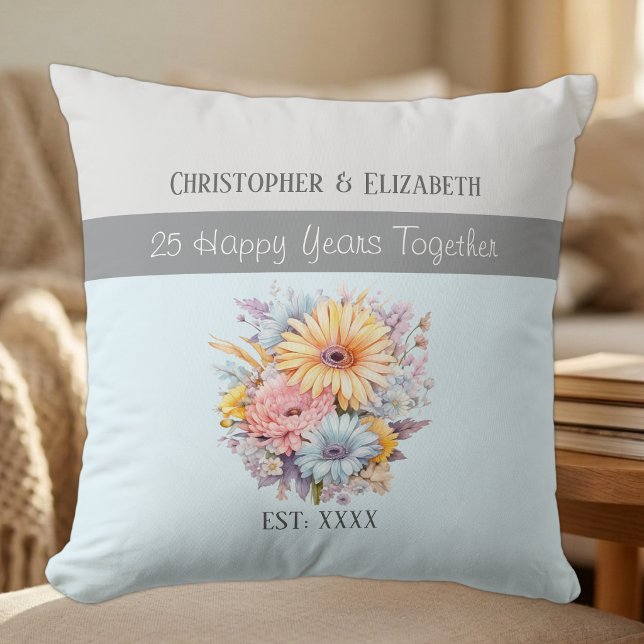 Coussin fleurs de 25e anniversaire de mariage argenté bleu (Créateur téléchargé)