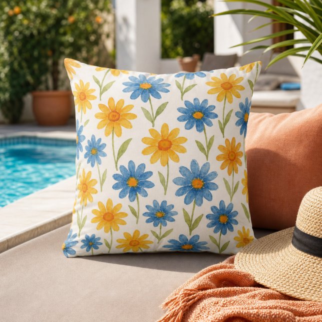 Coussin Fleurs de bleu et de jaune en aquarelle  (Créateur téléchargé)