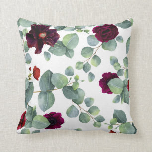 Coussin Fleurs de Bourgogne et verdure rouges d'eucalyptus