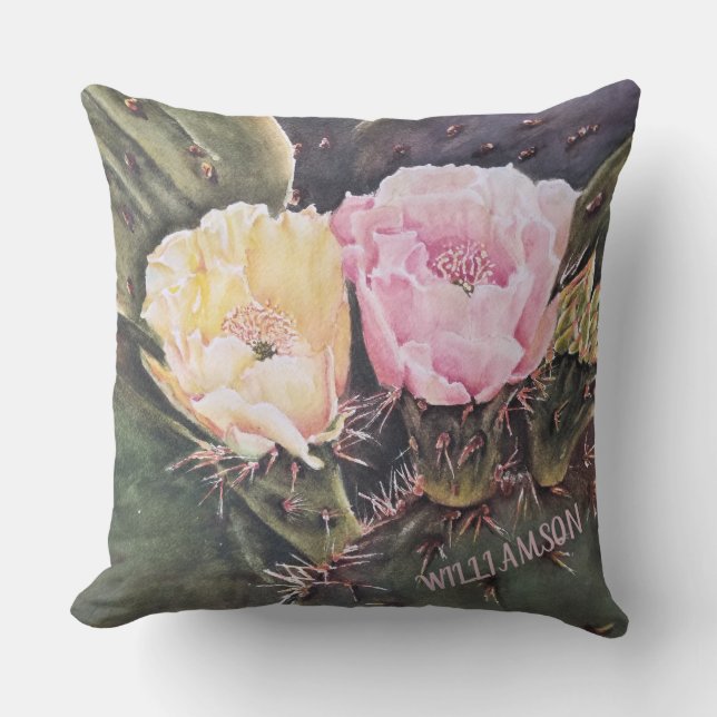 COUSSIN FLEURS DE CACTUS OPUNTIA ROSE ET JAUNE (Recto)