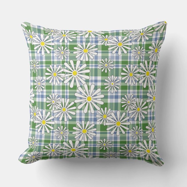 Coussin Fleurs de camomille blanche sur un damier vert ble (Recto)