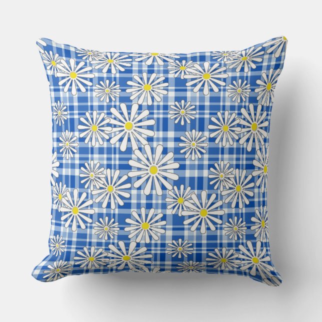 Coussin Fleurs de camomille blanche sur un fond à carreaux (Recto)
