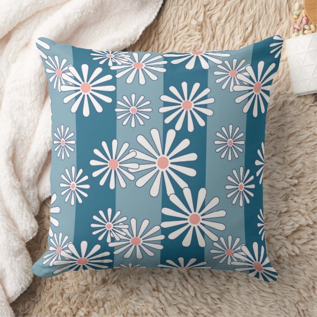 Coussin Fleurs de camomille blanches sur fond bleu rayé (Couverture)
