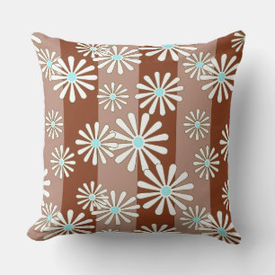 Coussin Fleurs de camomille blanches sur fond rayé marron