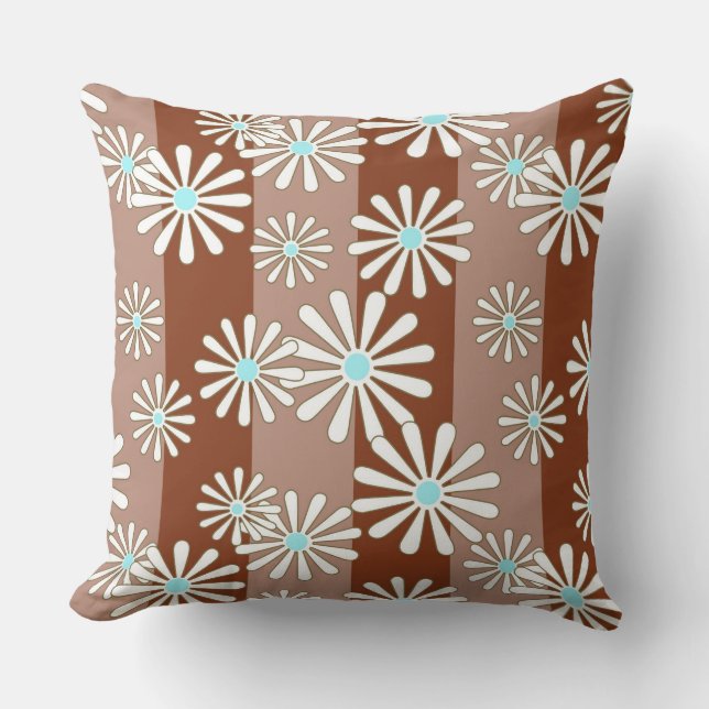 Coussin Fleurs de camomille blanches sur fond rayé marron (Recto)
