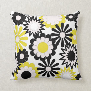 Coussin Fleurs de carreaux, de jaune, noires et blanches