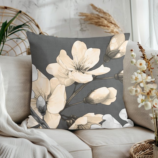 Coussin Fleurs de cerise modernes sur tissu gris (Créateur téléchargé)