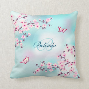 Coussin Fleurs de cerise Turquoise Monogramme Floral