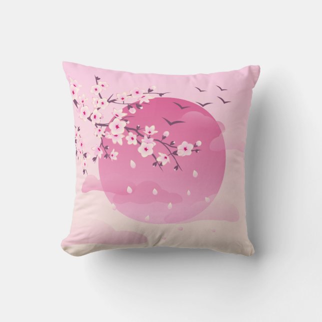 Coussin Fleurs de cerises Paysage japonais rose (Recto)