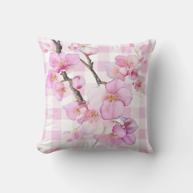 Coussin Fleurs de cerisier à l'aquarelle rose damier rose  (Recto)