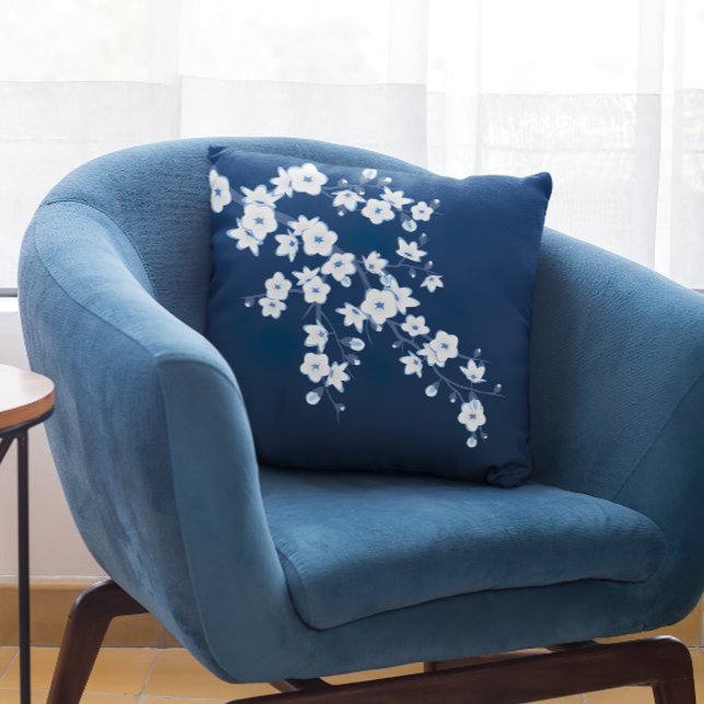 Coussin Fleurs de cerisier en fleurs bleu marine blanc (Créateur téléchargé)