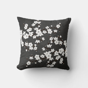 Coussin Fleurs de cerisier florales noir et blanc 