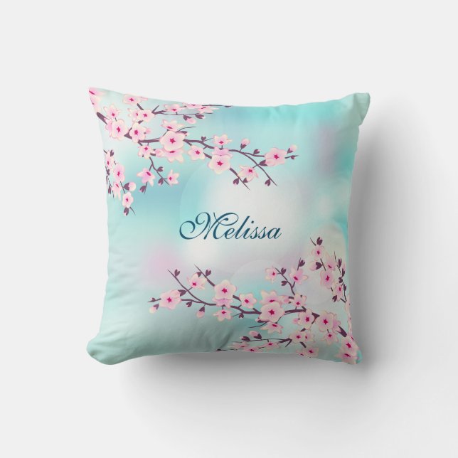 Coussin Fleurs de cerisier Fond turquoise (Recto)