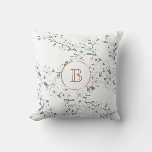 Coussin Fleurs de cerisier Menthe Rose Gold Monogramme (Recto)