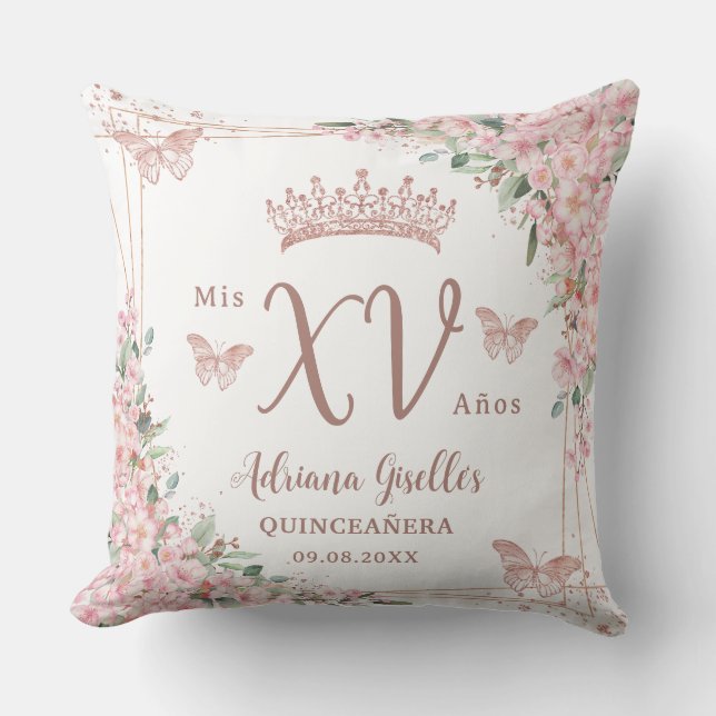 Coussin Fleurs de Cerisier Papillon Or Rose Quinceanera (Recto)
