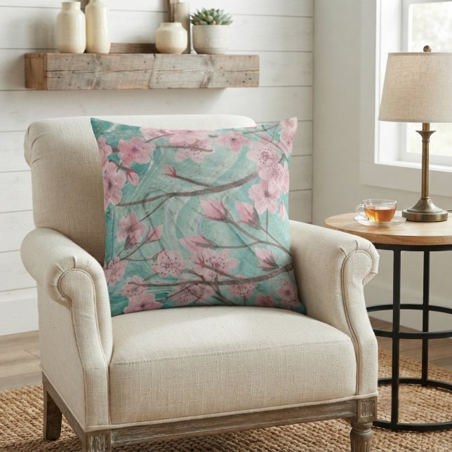 Coussin Fleurs de cerisier rose élégantes à l'aquarelle su (Créateur téléchargé)