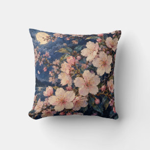 Coussin Fleurs de cerisier roses au clair de lune sur fond