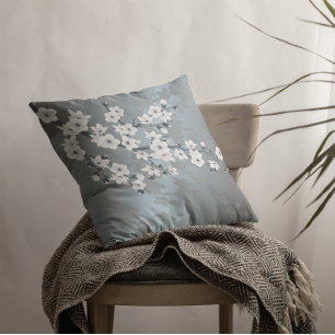 Coussin Fleurs de cerisiers gris bleu blanc