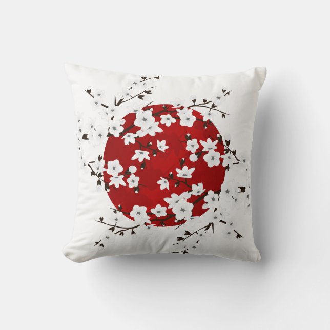 Coussin Fleurs de cerisiers rouges noirs et blancs Soleil  (Recto)